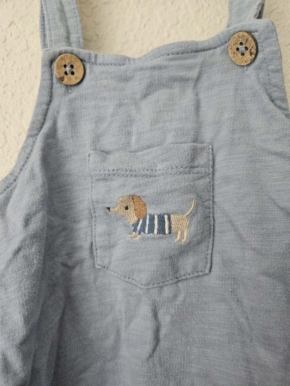 rabbit + bear 100% organic cotton blue overalls with embroidered dog, 6-9 months